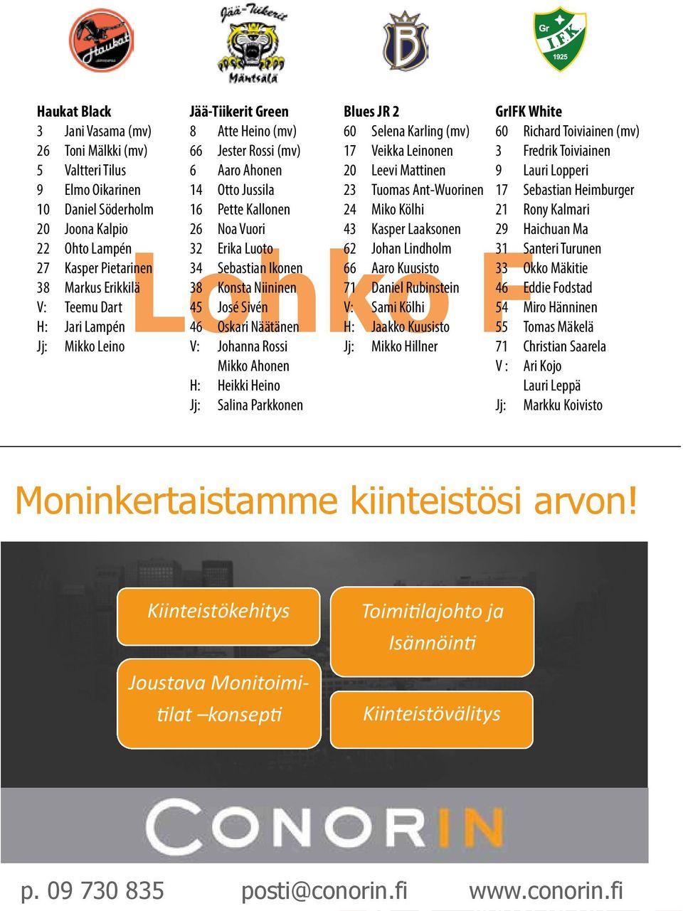 45 José Sivén 46 Oskari Näätänen V: Johanna Rossi Mikko Ahonen H: Heikki Heino Salina Parkkonen Blues JR 2 60 Selena Karling (mv) 17 Veikka Leinonen 20 Leevi Mattinen 23 Tuomas Ant-Wuorinen 24 Miko