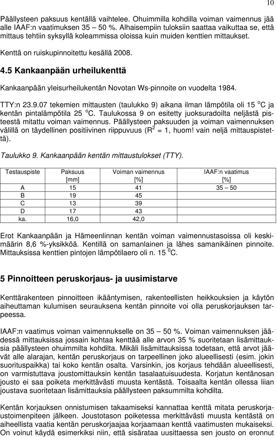 5 Kankaanpään urheilukenttä Kankaanpään yleisurheilukentän Novotan Ws-pinnoite on vuodelta 1984. TTY:n 23.9.07 tekemien mittausten (taulukko 9) aikana ilman lämpötila oli 15 o C ja kentän pintalämpötila 25 o C.