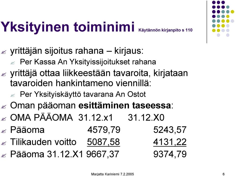 viennillä: Per Yksityiskäyttö tavarana An Ostot Oman pääoman esittäminen taseessa: OMA PÄÄOMA 31.12.x1 31.