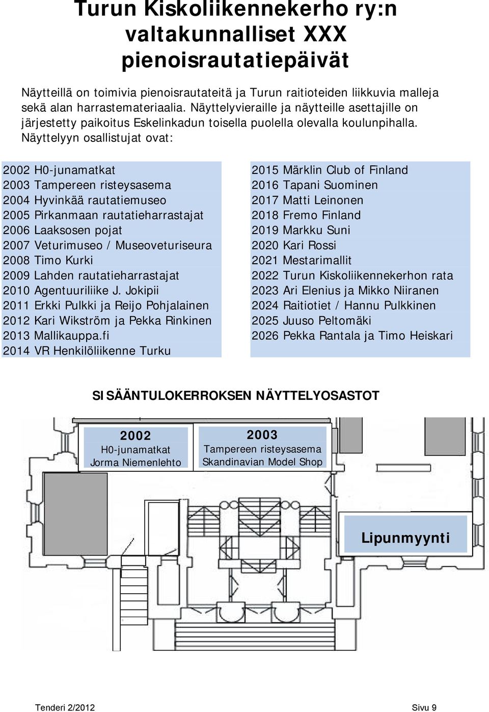 Näyttelyyn osallistujat ovat: 2002 H0-junamatkat 2003 Tampereen risteysasema 2004 Hyvinkää rautatiemuseo 2005 Pirkanmaan rautatieharrastajat 2006 Laaksosen pojat 2007 Veturimuseo / Museoveturiseura