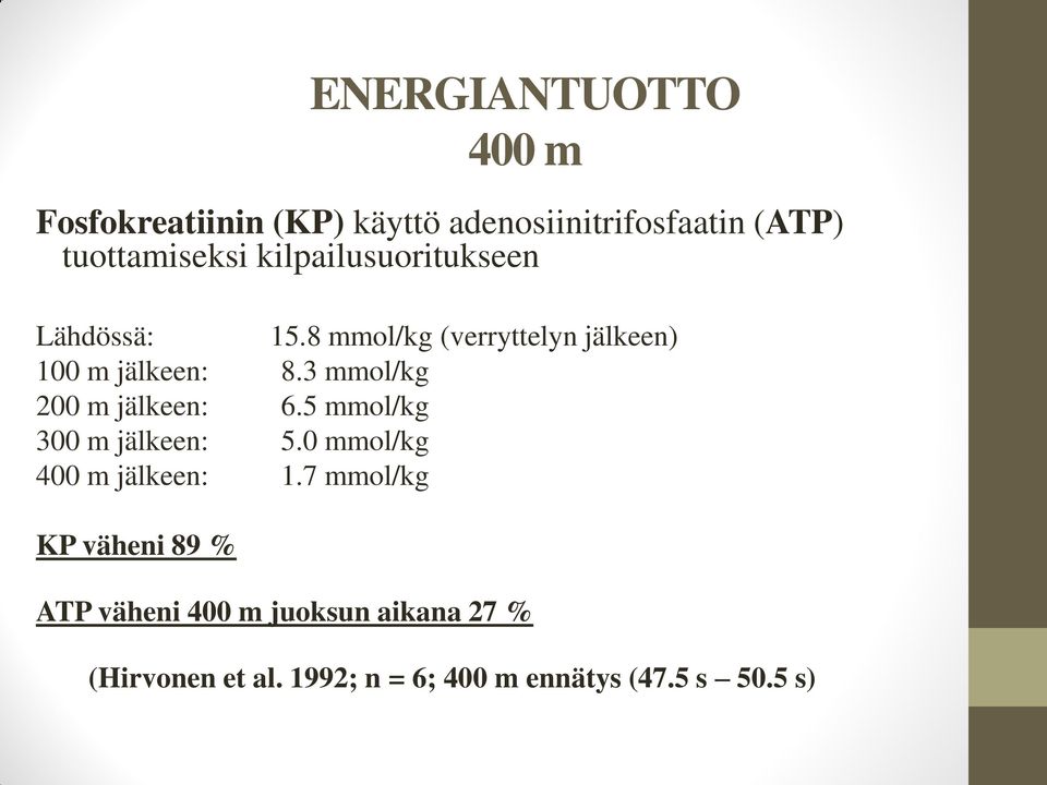 3 mmol/kg 200 m jälkeen: 6.5 mmol/kg 300 m jälkeen: 5.0 mmol/kg 400 m jälkeen: 1.