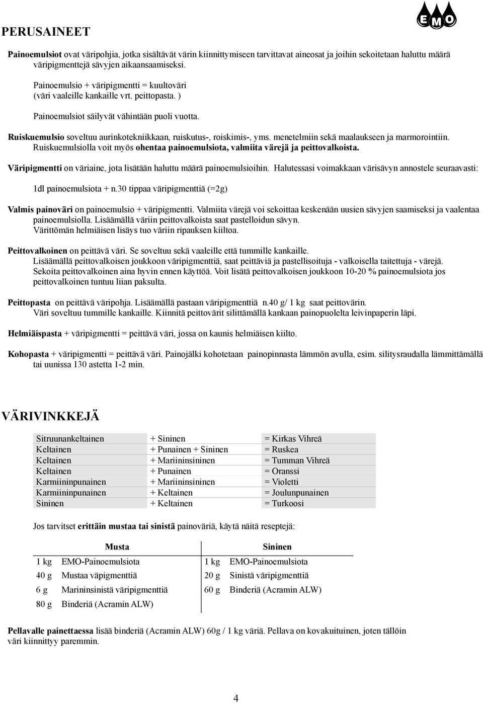 Ruiskuemulsio soveltuu aurinkotekniikkaan, ruiskutus-, roiskimis-, yms. menetelmiin sekä maalaukseen ja marmorointiin.