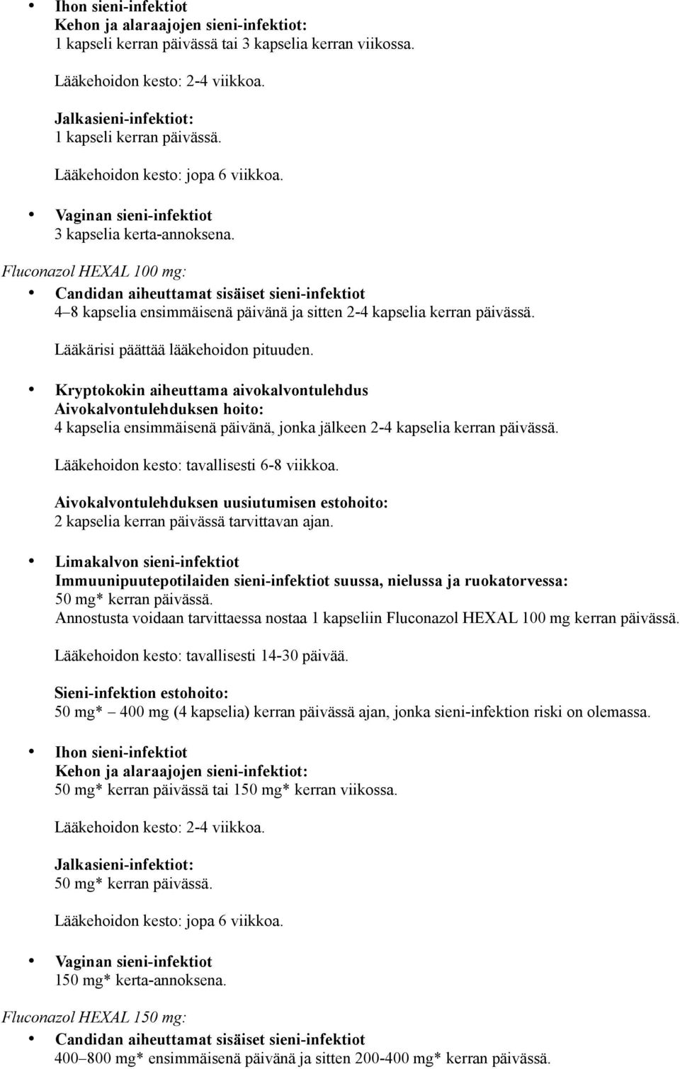 Fluconazol HEXAL 100 mg: Candidan aiheuttamat sisäiset sieni-infektiot 4 8 kapselia ensimmäisenä päivänä ja sitten 2-4 kapselia kerran päivässä. Lääkärisi päättää lääkehoidon pituuden.