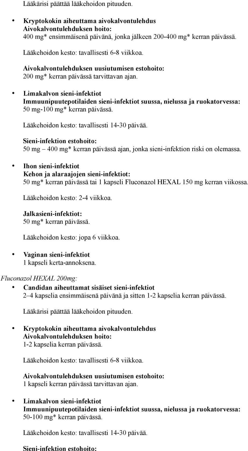Limakalvon sieni-infektiot Immuunipuutepotilaiden sieni-infektiot suussa, nielussa ja ruokatorvessa: 50 mg-100 mg* kerran päivässä. Lääkehoidon kesto: tavallisesti 14-30 päivää.