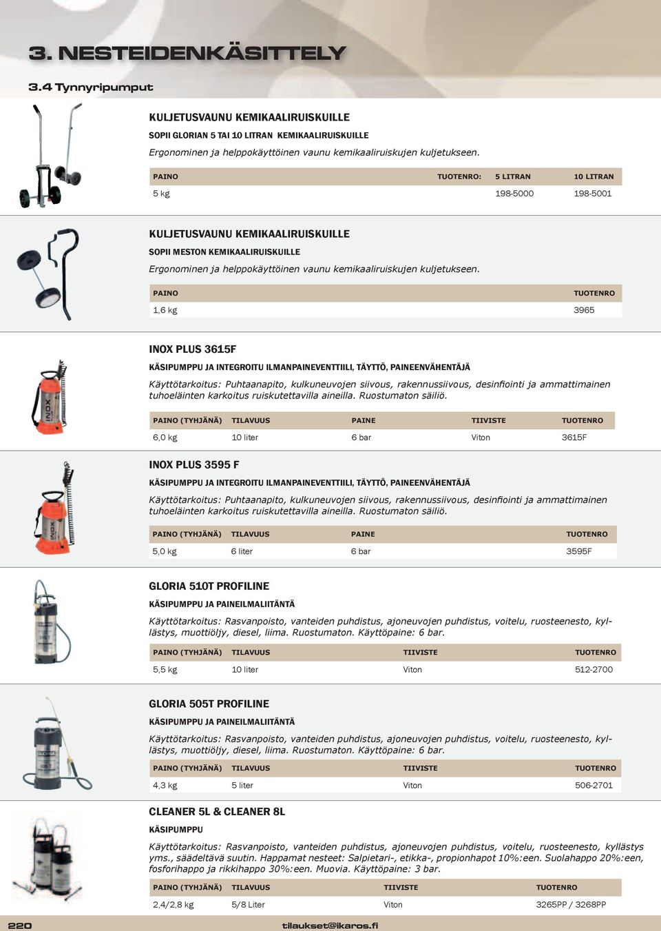 PAINO TUOTENrO 1,6 kg 3965 INOX PLUS 3615F KÄSIPUMPPU JA INTEGROITU ILMANPAINEVENTTIILI, TÄYTTÖ, PAINEENVÄHENTÄJÄ Käyttötarkoitus: Puhtaanapito, kulkuneuvojen siivous, rakennussiivous, desinfiointi