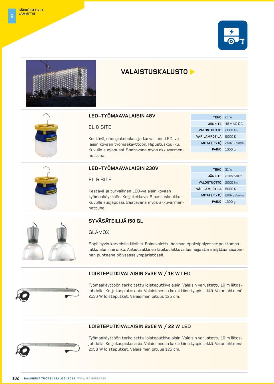 valontuotto värilämpötila (p x k) 21 W 4 V AC DC 2000 lm 5000 K 260x225mm 1000 g led-työmaavalaisin 230v el & site Kestävä ja turvallinen LED-valaisin kovaan työmaakäyttöön. Ketjutettava.