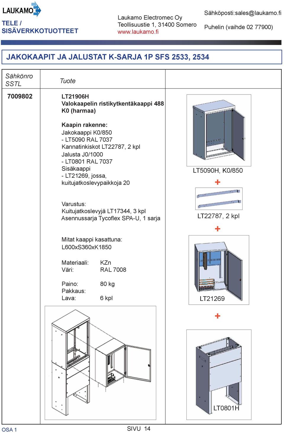 LT21269, jossa, kuitujatkoslevypaikkoja 20 LT5090H, K0/850 + Varustus: Kuitujatkoslevyjä LT17344, 3 kpl Asennussarja