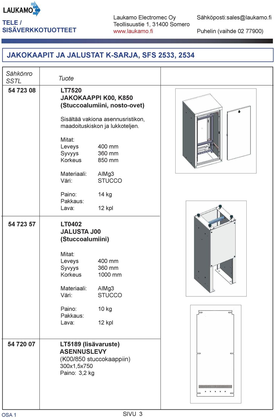 Materiaali: Väri: 400 mm 850 mm AlMg3 STUCCO 14 kg 12 kpl 54 723 57 LT0402 JALUSTA J00 (Stuccoalumiini)