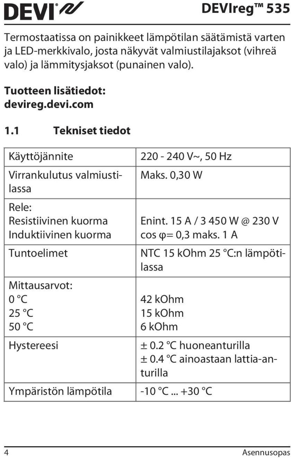 1 Tekniset tiedot Käyttöjännite Virrankulutus valmiustilassa Rele: Resistiivinen kuorma Induktiivinen kuorma Tuntoelimet Mittausarvot: 0 C 25 C 50 C