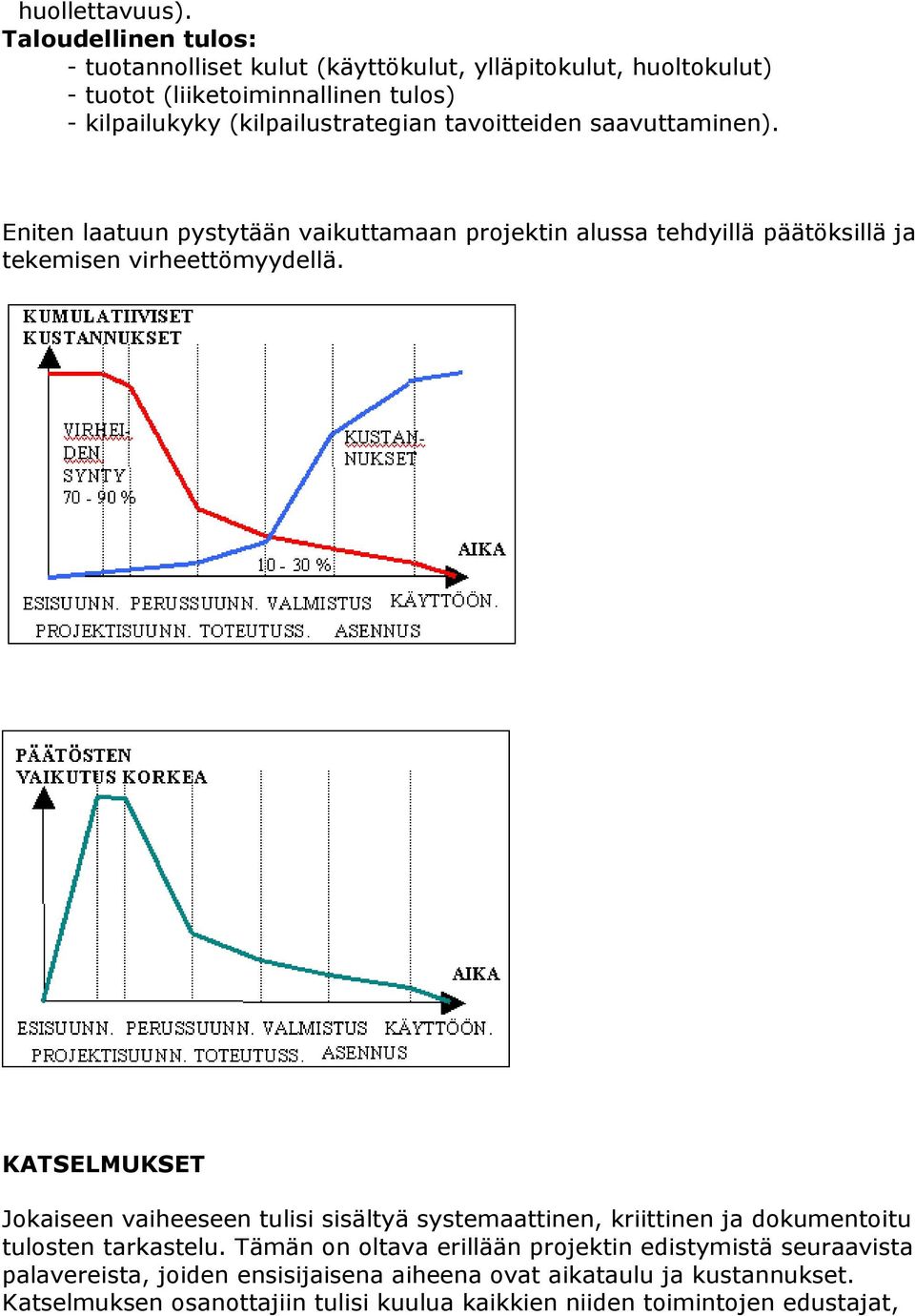 tavoitteiden saavuttaminen). Eniten laatuun pystytään vaikuttamaan projektin alussa tehdyillä päätöksillä ja tekemisen virheettömyydellä.