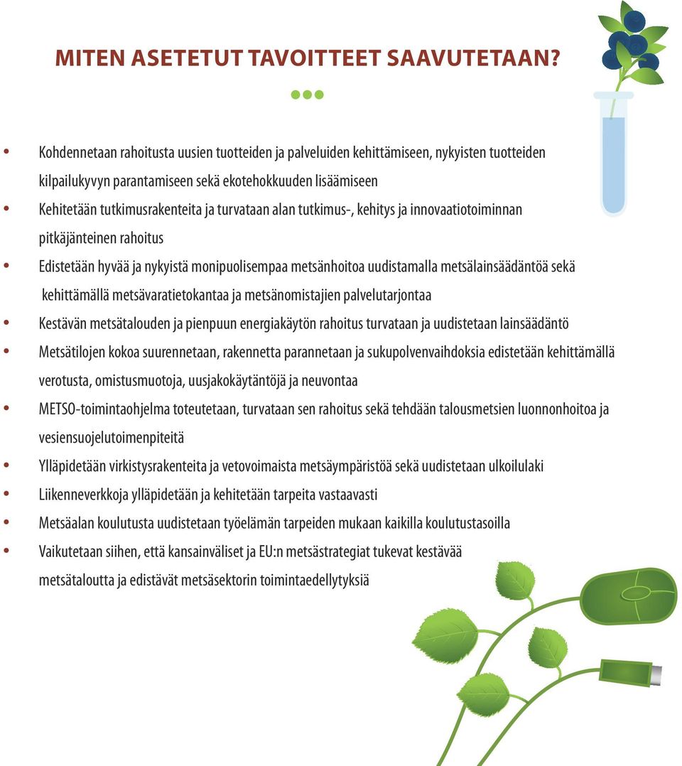 alan tutkimus-, kehitys ja innovaatiotoiminnan pitkäjänteinen rahoitus Edistetään hyvää ja nykyistä monipuolisempaa metsänhoitoa uudistamalla metsälainsäädäntöä sekä kehittämällä metsävaratietokantaa