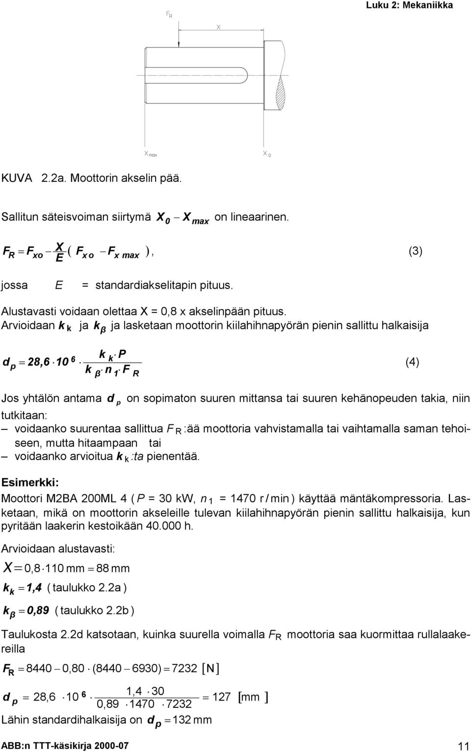 Arvioidaan k k ja k ja lasketaan moottorin kiilahihnapyörän pienin sallittu halkaisija β d p, 0 k k kp n F β R () Jos yhtälön antama d p on sopimaton suuren mittansa tai suuren kehänopeuden takia,