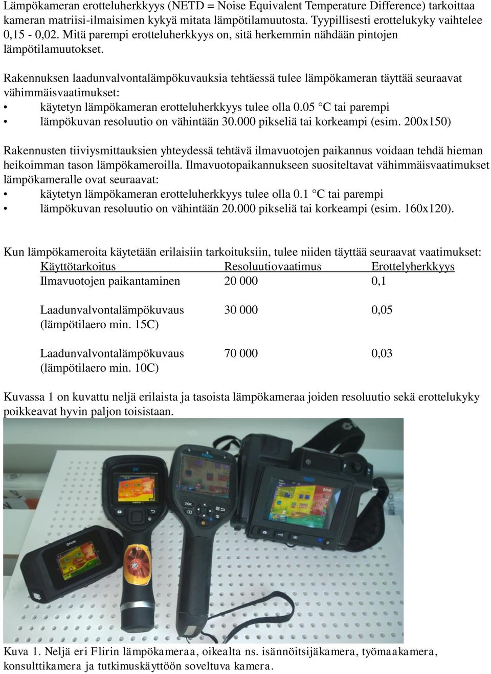 Rakennuksen laadunvalvontalämpökuvauksia tehtäessä tulee lämpökameran täyttää seuraavat vähimmäisvaatimukset: käytetyn lämpökameran erotteluherkkyys tulee olla 0.