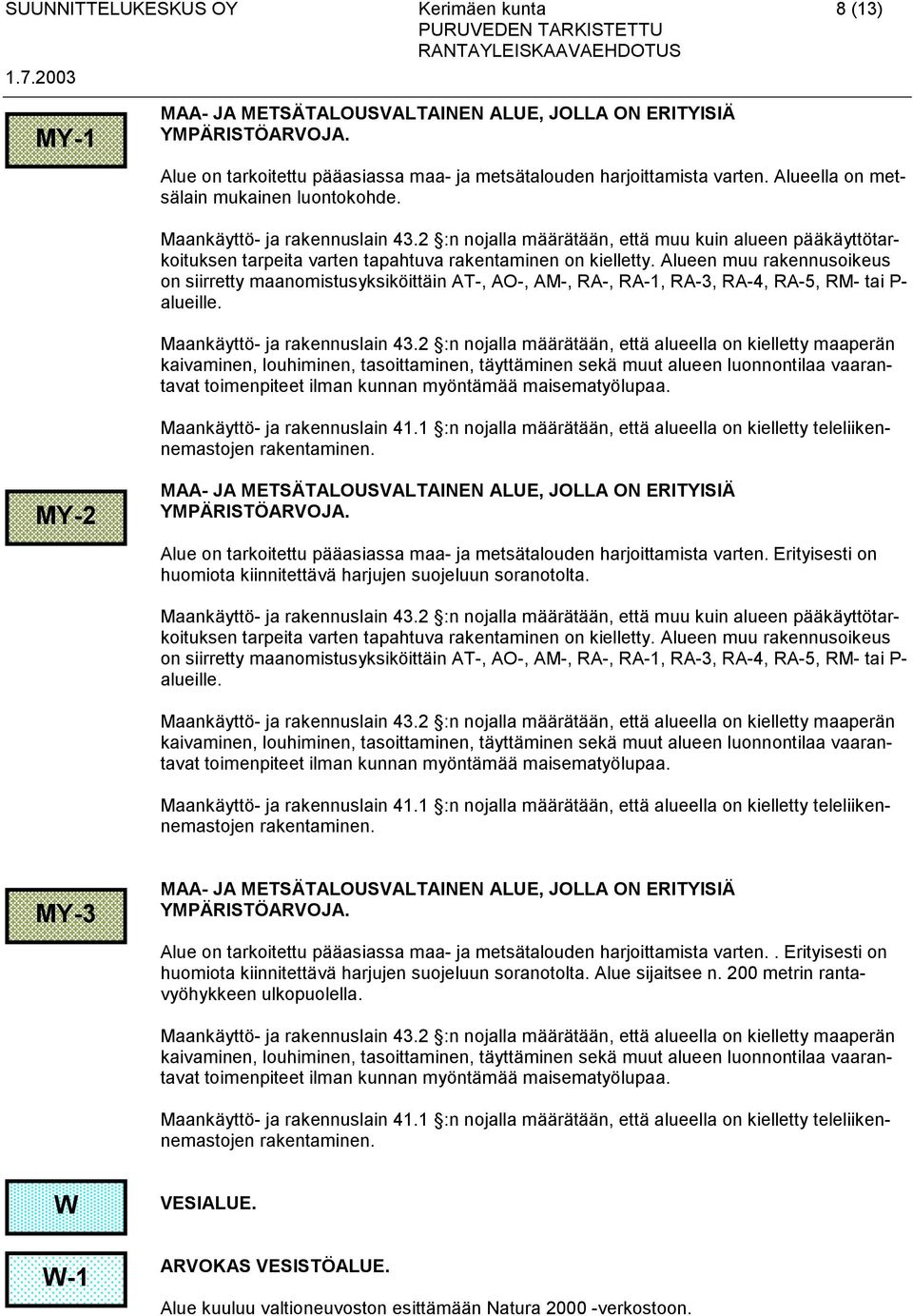 Alueen muu rakennusoikeus on siirretty maanomistusyksiköittäin AT-, AO-, AM-, RA-, RA-1, RA-3, RA-4, RA-5, RM- tai P- alueille. Maankäyttö- ja rakennuslain 43.