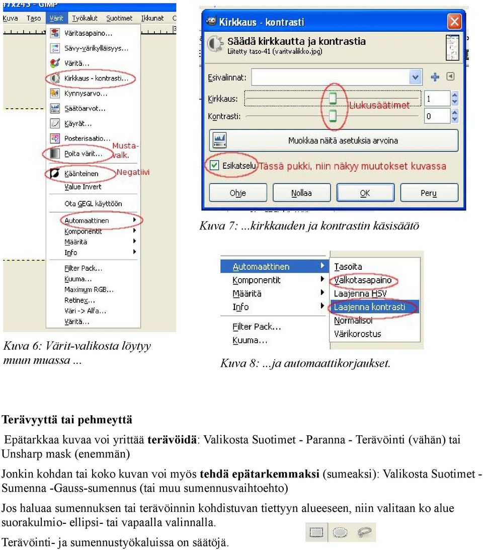 kohdan tai koko kuvan voi myös tehdä epätarkemmaksi (sumeaksi): Valikosta Suotimet - Sumenna -Gauss-sumennus (tai muu sumennusvaihtoehto) Jos haluaa