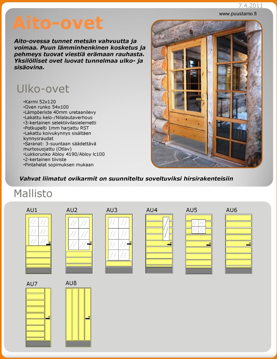 Ulko-ovet Karmi 52x120 Oven runko 54x100 Lämpöeriste 40mm uretaanilevy Lakattu kelo-/nilalautaverhous 3-kertainen selektiivilasielemetti Potkupelti 1mm