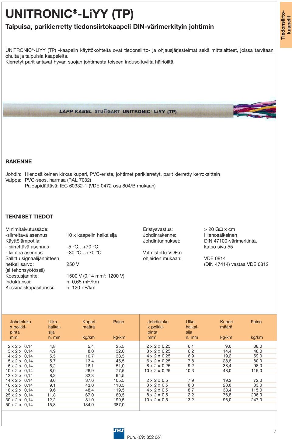 Johdin: Hienosäikeinen kirkas kupari, PVC-eriste, johtimet parikierretyt, parit kierretty kerroksittain Vaippa: PVC-seos, harmaa (RAL 7032) Paloapidättävä: IEC 60332-1 (VDE 0472 osa 804/B mukaan)