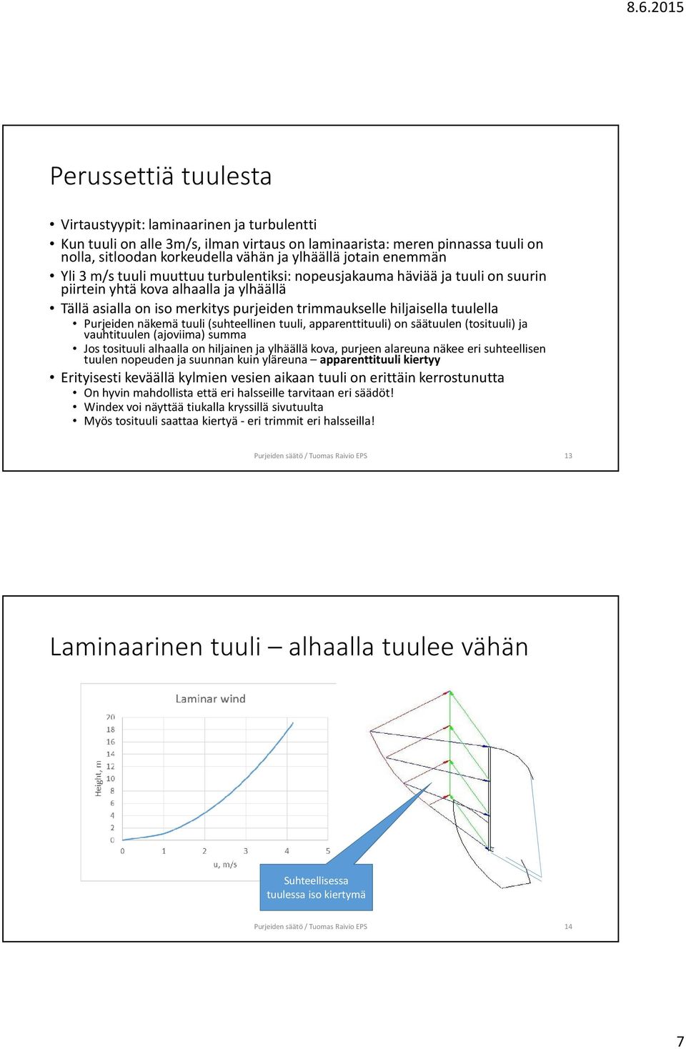 tuulella Purjeiden näkemä tuuli (suhteellinen tuuli, apparenttituuli) on säätuulen (tosituuli) ja vauhtituulen (ajoviima) summa Jos tosituuli alhaalla on hiljainen ja ylhäällä kova, purjeen alareuna