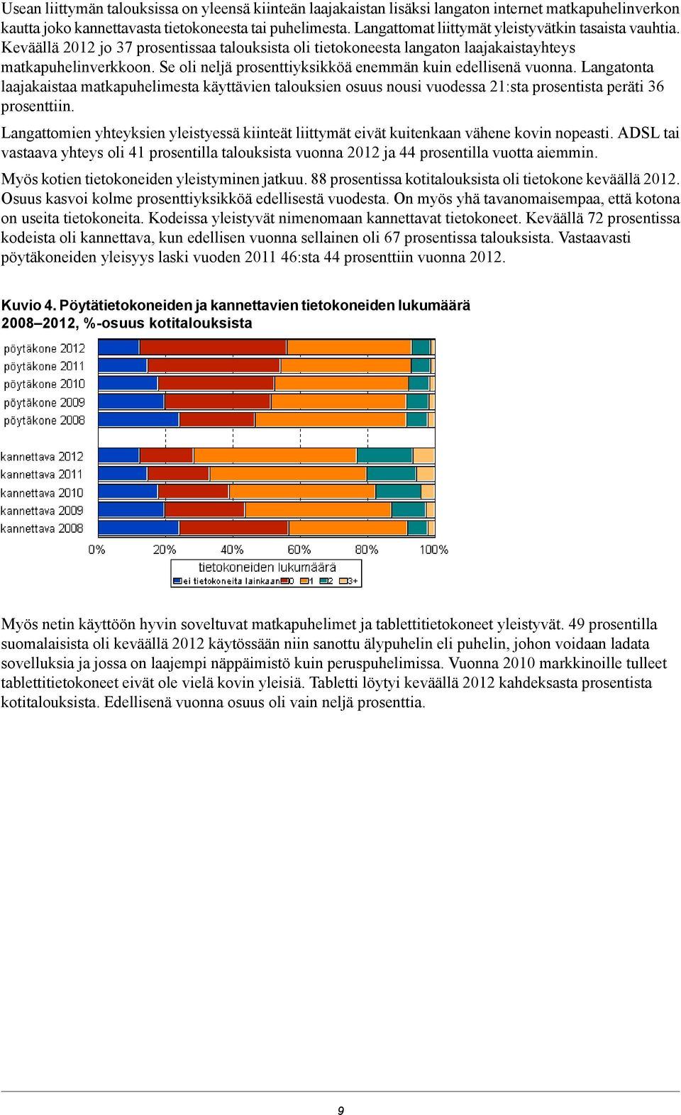 Se oli neljä prosenttiyksikköä enemmän kuin edellisenä vuonna. Langatonta laajakaistaa matkapuhelimesta käyttävien talouksien osuus nousi vuodessa :sta prosentista peräti prosenttiin.