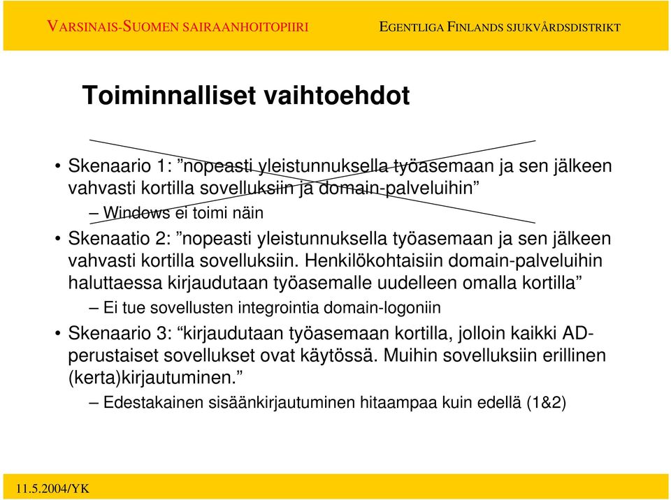 Henkilökohtaisiin domain-palveluihin haluttaessa kirjaudutaan työasemalle uudelleen omalla kortilla Ei tue sovellusten integrointia domain-logoniin