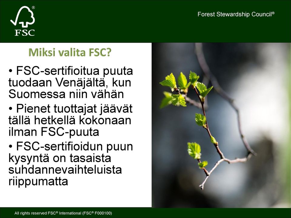 hetkellä kokonaan ilman FSC-puuta FSC-sertifioidun