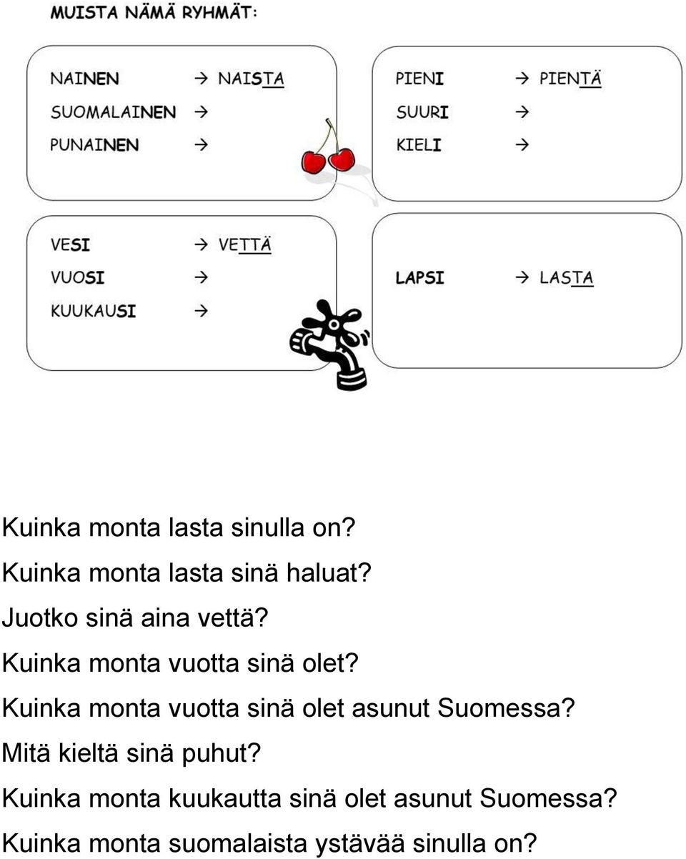 Kuinka monta vuotta sinä olet asunut Suomessa? Mitä kieltä sinä puhut?
