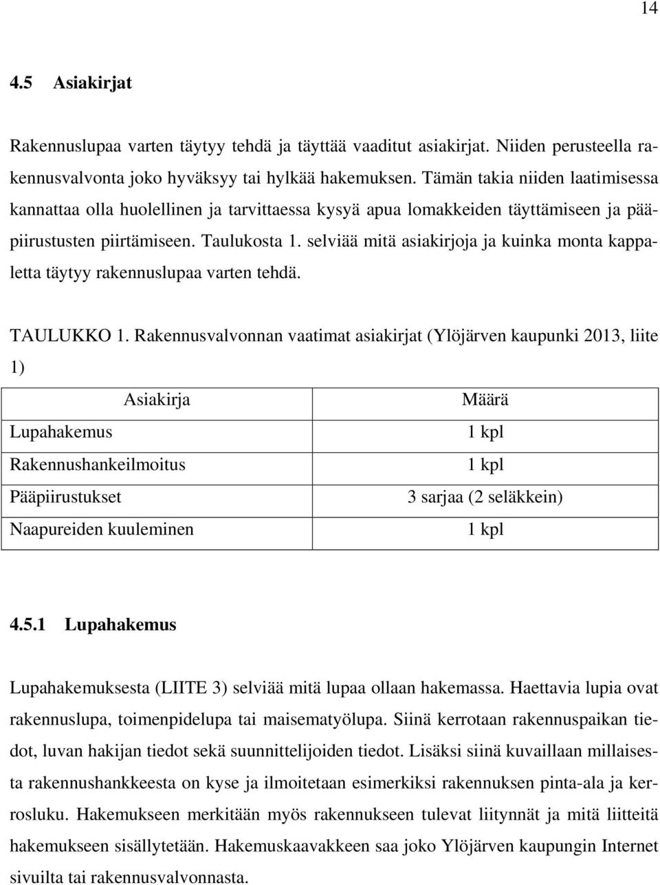 selviää mitä asiakirjoja ja kuinka monta kappaletta täytyy rakennuslupaa varten tehdä. TAULUKKO 1.