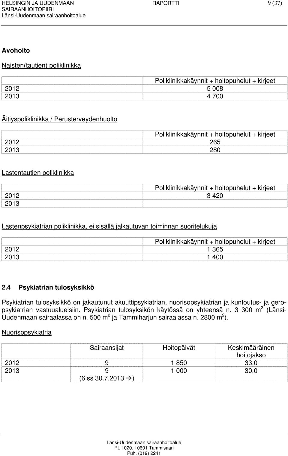 jalkautuvan toiminnan suoritelukuja Poliklinikkakäynnit + hoitopuhelut + kirjeet 2012 1 365 2013 1 400 2.