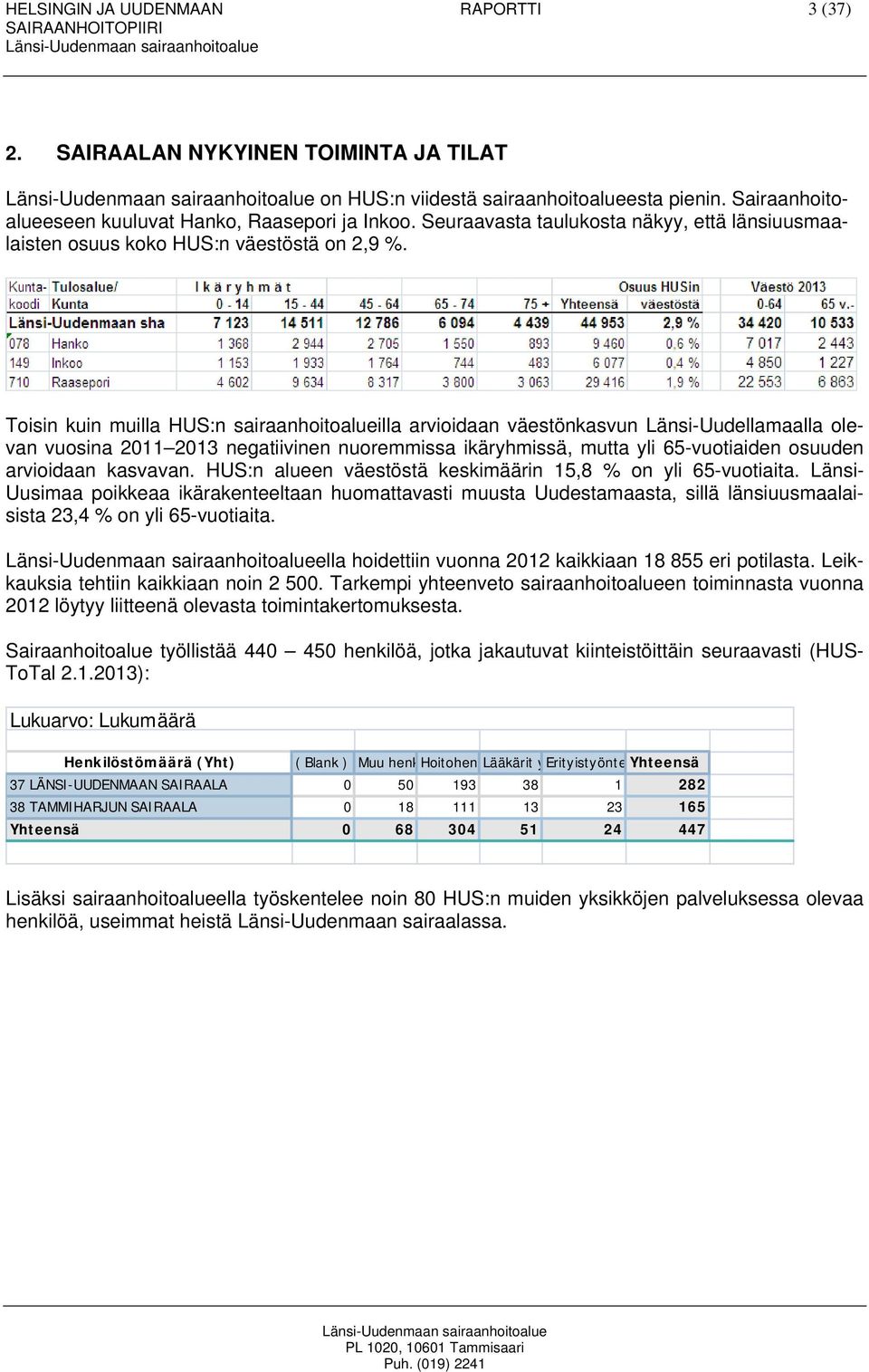 Toisin kuin muilla HUS:n sairaanhoitoalueilla arvioidaan väestönkasvun Länsi-Uudellamaalla olevan vuosina 2011 2013 negatiivinen nuoremmissa ikäryhmissä, mutta yli 65-vuotiaiden osuuden arvioidaan