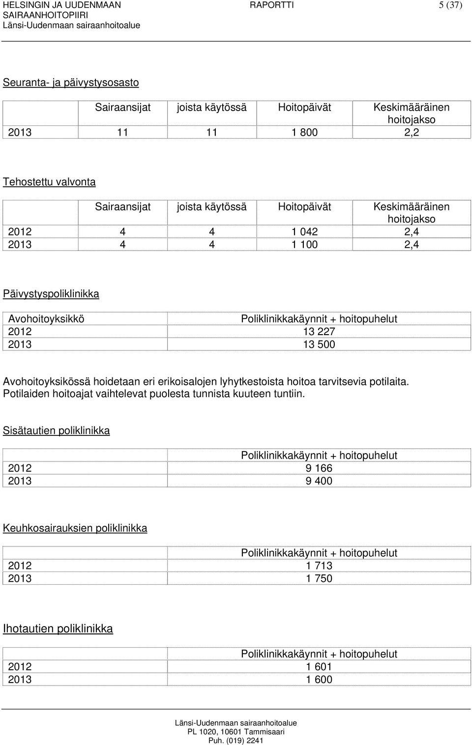 Avohoitoyksikössä hoidetaan eri erikoisalojen lyhytkestoista hoitoa tarvitsevia potilaita. Potilaiden hoitoajat vaihtelevat puolesta tunnista kuuteen tuntiin.
