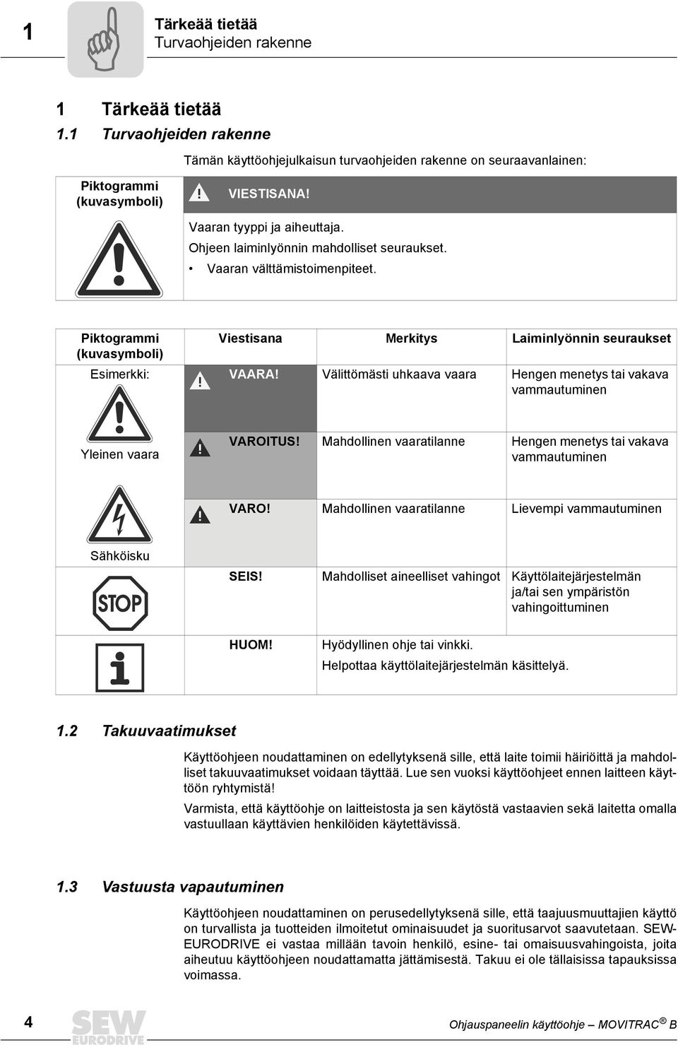 Välittömästi uhkaava vaara Hengen menetys tai vakava vammautuminen Yleinen vaara VAROTUS! Mahdollinen vaaratilanne Hengen menetys tai vakava vammautuminen VARO!