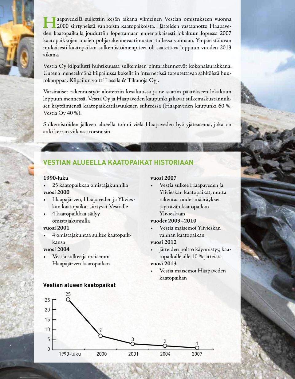 Ympäristöluvan mukaisesti kaatopaikan sulkemistoimenpiteet oli saatettava loppuun vuoden 2013 aikana. Vestia Oy kilpailutti huhtikuussa sulkemisen pintarakennetyöt kokonaisurakkana.