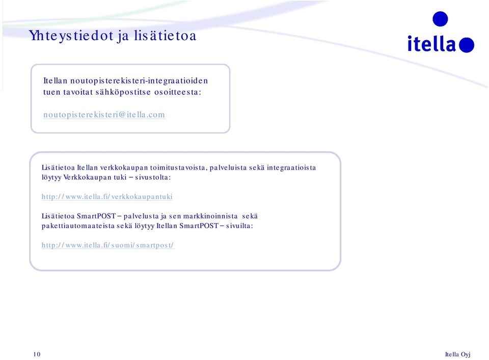 com Lisätietoa Itellan verkkokaupan toimitustavoista, palveluista sekä integraatioista löytyy Verkkokaupan tuki