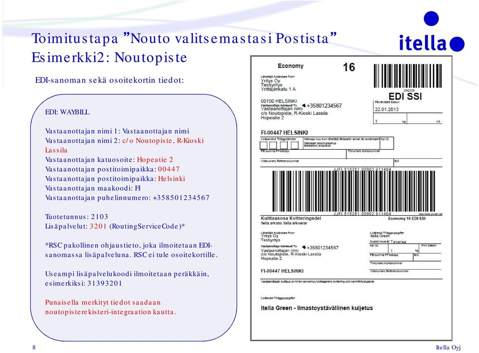 maakoodi: FI Vastaanottajan puhelinnumero: +358501234567 Tuotetunnus: 2103 Lisäpalvelut: 3201 (RoutingServiceCode)* *RSC pakollinen ohjaustieto, joka ilmoitetaan EDIsanomassa