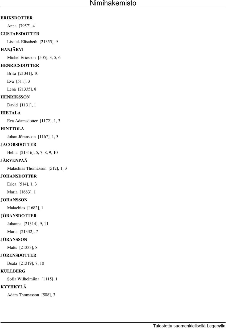 Eva Adamsdotter [1172], 1, 3 HINTTOLA Johan Jöransson [1167], 1, 3 JACOBSDOTTER Hebla [21316], 5, 7, 8, 9, 10 JÄRVENPÄÄ Malachias Thomasson [512], 1, 3