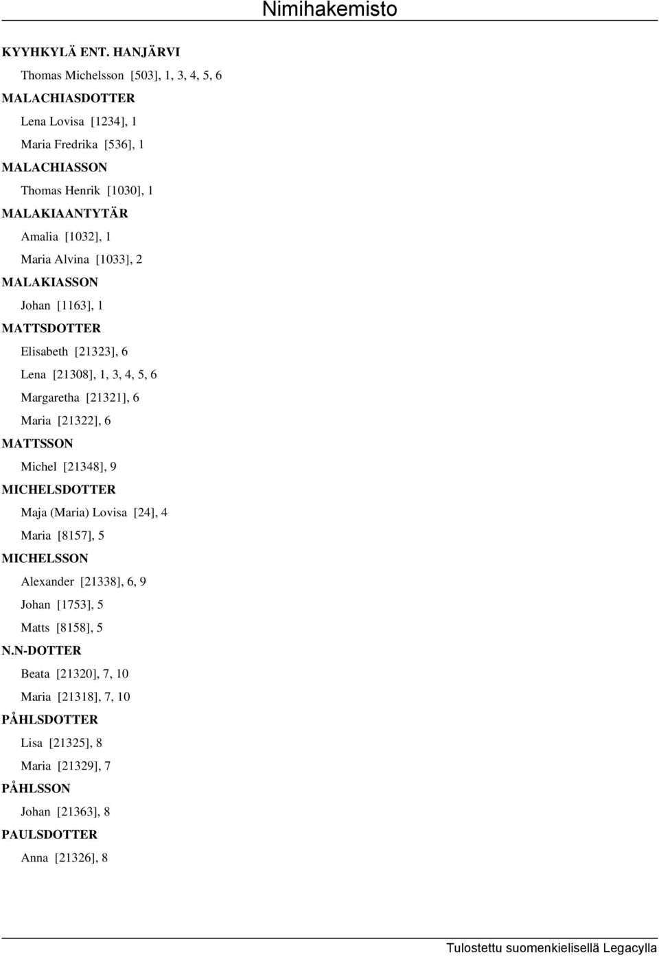 Amalia [1032], 1 Maria Alvina [1033], 2 MALAKIASSON Johan [1163], 1 MATTSDOTTER Elisabeth [21323], 6 Lena [21308], 1, 3, 4, 5, 6 Margaretha [21321], 6 Maria [21322],