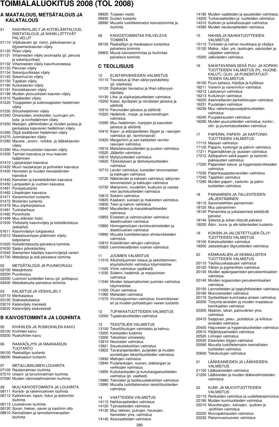 peruna ja sokerijuurikas) 01132 Vihannesten viljely kasvihuoneessa 01133 Perunan viljely 01134 Sokerijuurikkaan viljely 01140 Sokeriruo'on viljely 01150 Tupakan viljely 01160 Kuitukasvien viljely