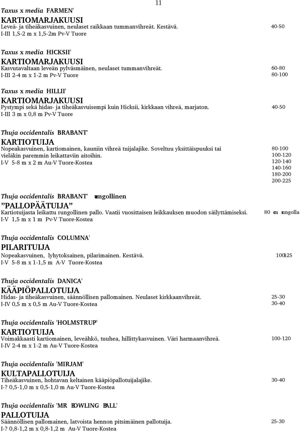 I III 2 4 m x 1 2 m Pv V Tuore Taxus x media 'HILLII' KARTIOMARJAKUUSI Pystympi sekä hidas ja tiheäkasvuisempi kuin Hicksii, kirkkaan vihreä, marjaton.