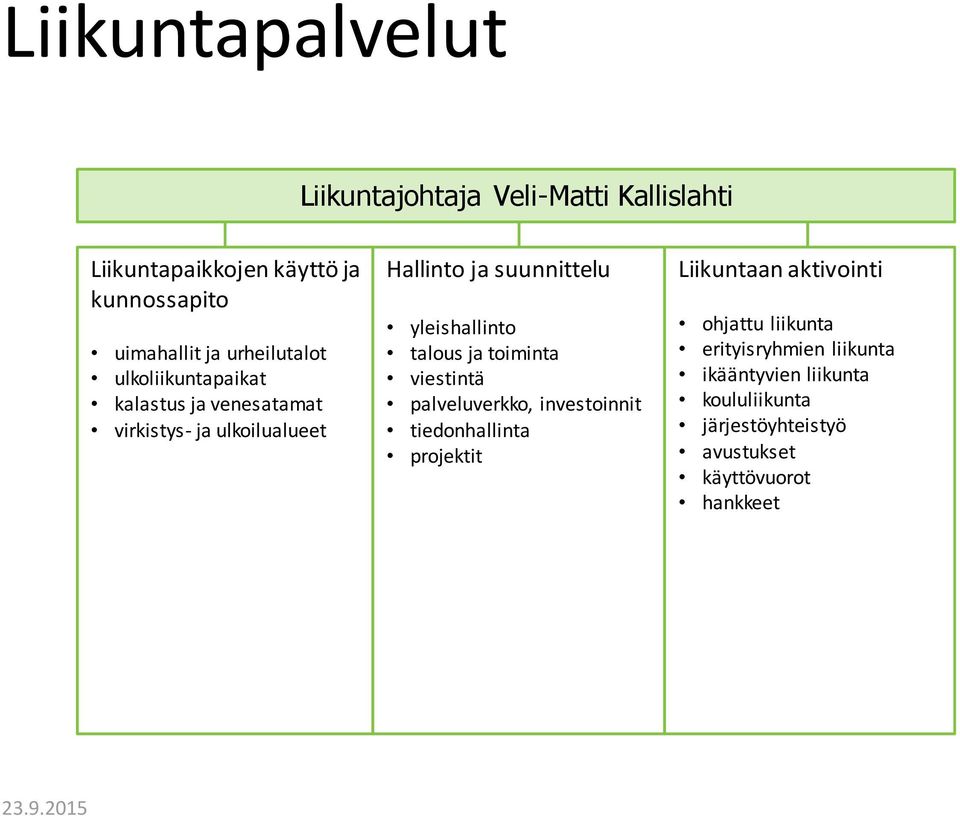yleishallinto talous ja toiminta viestintä palveluverkko, investoinnit tiedonhallinta projektit Liikuntaan
