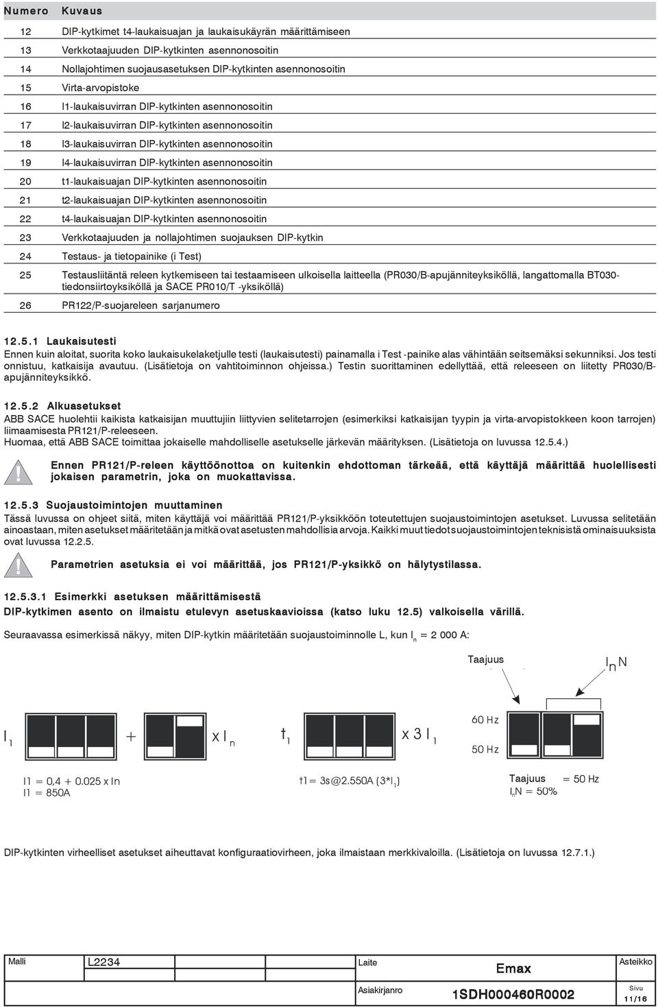 DIP-kytkinten asennonosoitin 20 t1-laukaisuajan DIP-kytkinten asennonosoitin 21 t2-laukaisuajan DIP-kytkinten asennonosoitin 22 t4-laukaisuajan DIP-kytkinten asennonosoitin 23 Verkkotaajuuden ja
