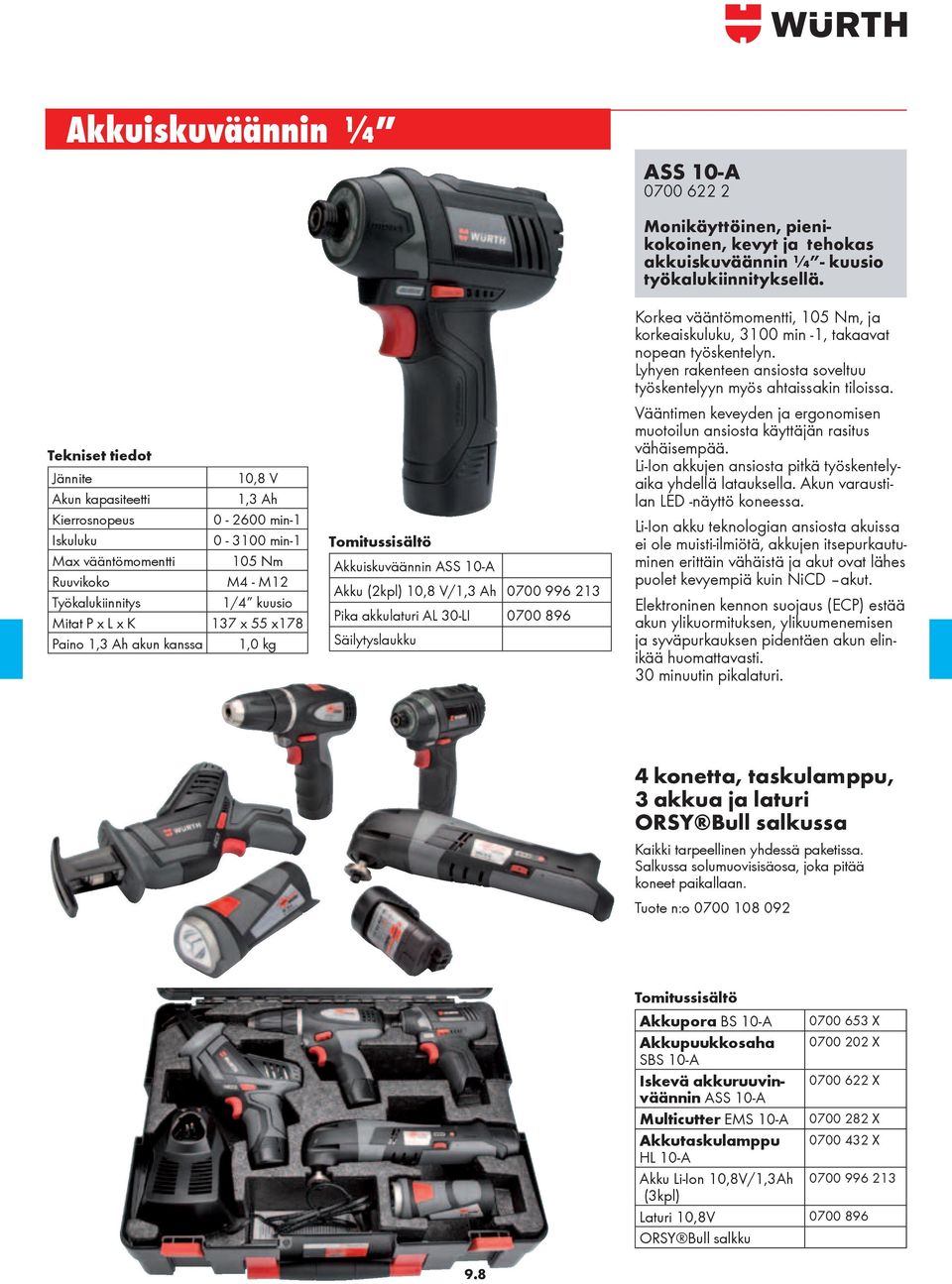 x 55 x178 1,0 kg Tomitussisältö Akkuiskuväännin ASS 10-A Akku (2kpl) 10,8 V/1,3 Ah 0700 996 213 Pika akkulaturi AL 30-LI 0700 896 Säilytyslaukku Korkea vääntömomentti, 105 Nm, ja korkeaiskuluku, 3100