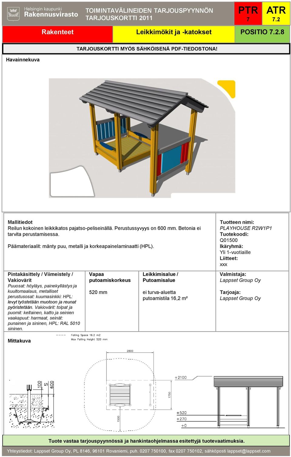 PLAYHOUSE R2W1P1 Q01500 Puuosat: höyläys, painekyllästys ja kuultomaalaus, metalliset perustusosat: kuumasinkki: HPL: levyt työstetään muotoon ja reunat