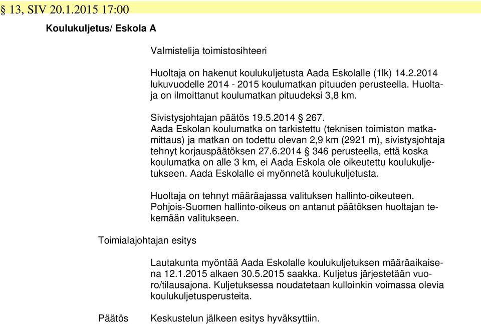 Aada Eskolan koulumatka on tarkistettu (teknisen toimiston matkamittaus) ja matkan on todettu olevan 2,9 km (2921 m), sivistysjohtaja tehnyt korjauspäätöksen 27.6.