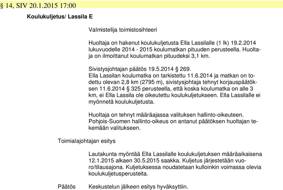 6.2014 325 perusteella, että koska koulumatka on alle 3 km, ei Ella Lassila ole oikeutettu koulukuljetukseen. Ella Lassilalle ei myönnetä koulukuljetusta.