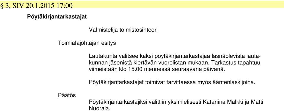 pöytäkirjantarkastajaa läsnäolevista lautakunnan jäsenistä kiertävän vuorolistan mukaan.