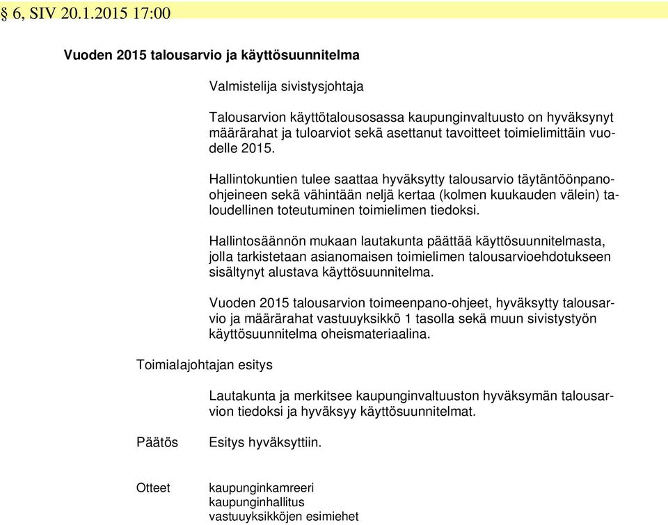 tavoitteet toimielimittäin vuodelle 2015.