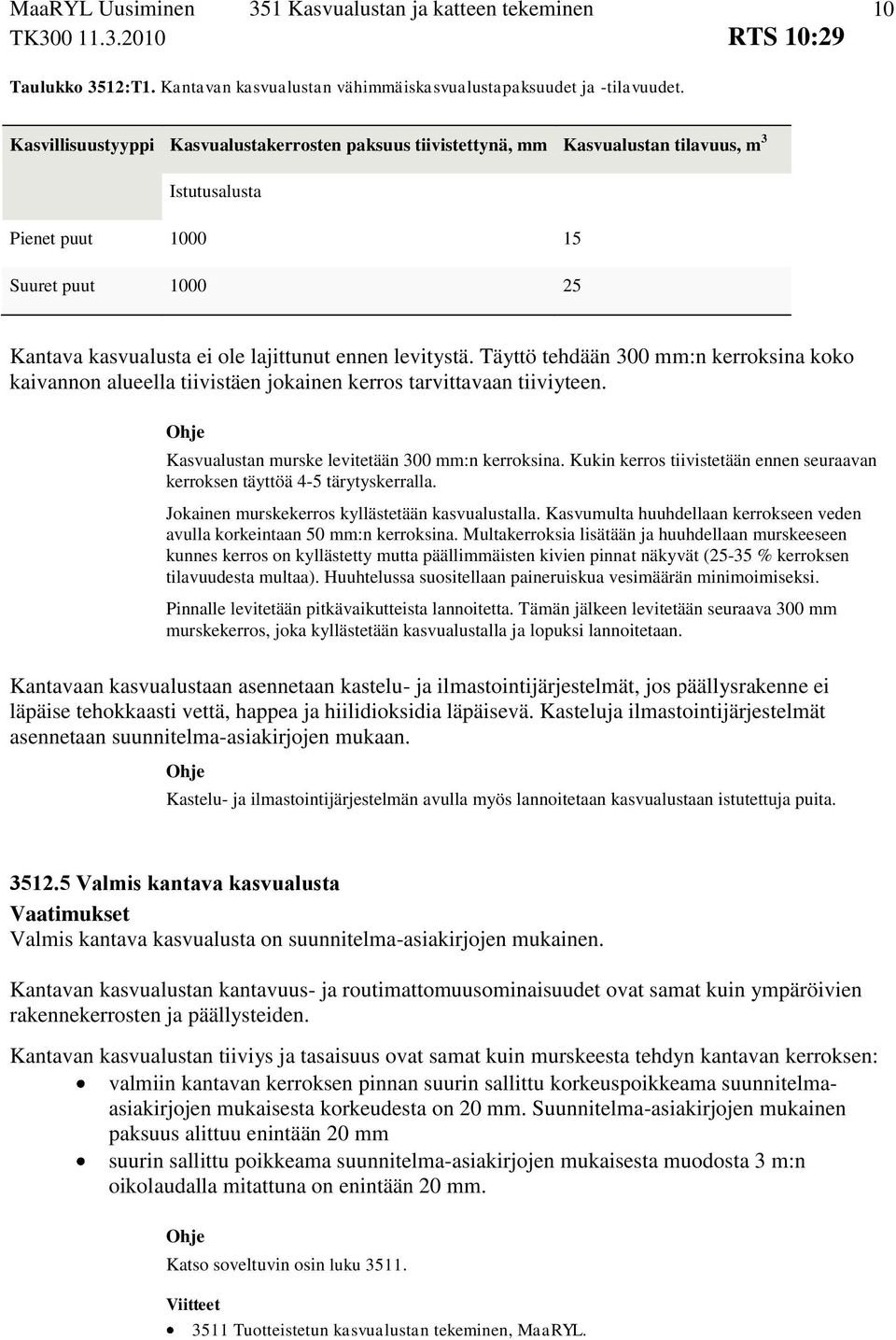 levitystä. Täyttö tehdään 300 mm:n kerroksina koko kaivannon alueella tiivistäen jokainen kerros tarvittavaan tiiviyteen. Kasvualustan murske levitetään 300 mm:n kerroksina.