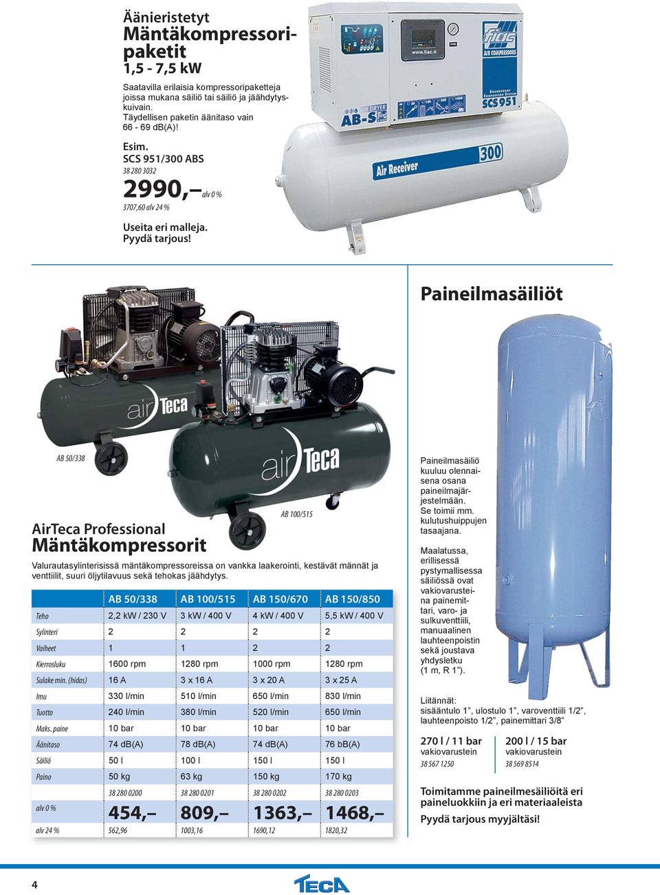 Paineilmasäiliöt AB 50/338 AirTeca Professional Mäntäkompressorit AB 100/515 Valurautasylinterisissä mäntäkompressoreissa on vankka laakerointi, kestävät männät ja venttiilit, suuri öljytilavuus sekä