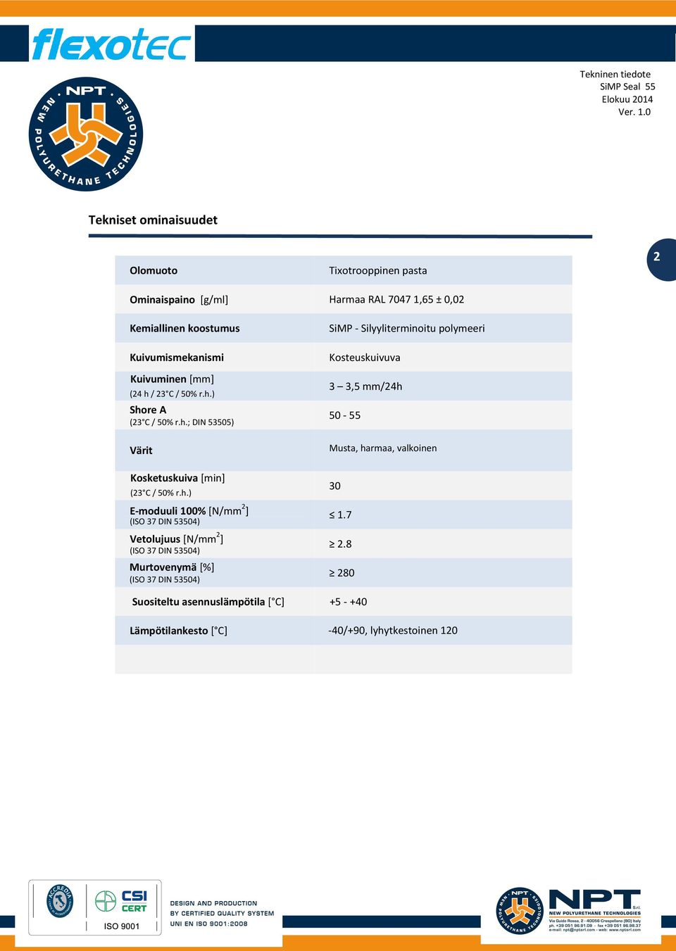 ) Shore A (23 C / 50% r.h.; DIN 53505) Värit Tixotrooppinen pasta Harmaa RAL 7047 1,65 ± 0,02 SiMP - Silyyliterminoitu polymeeri