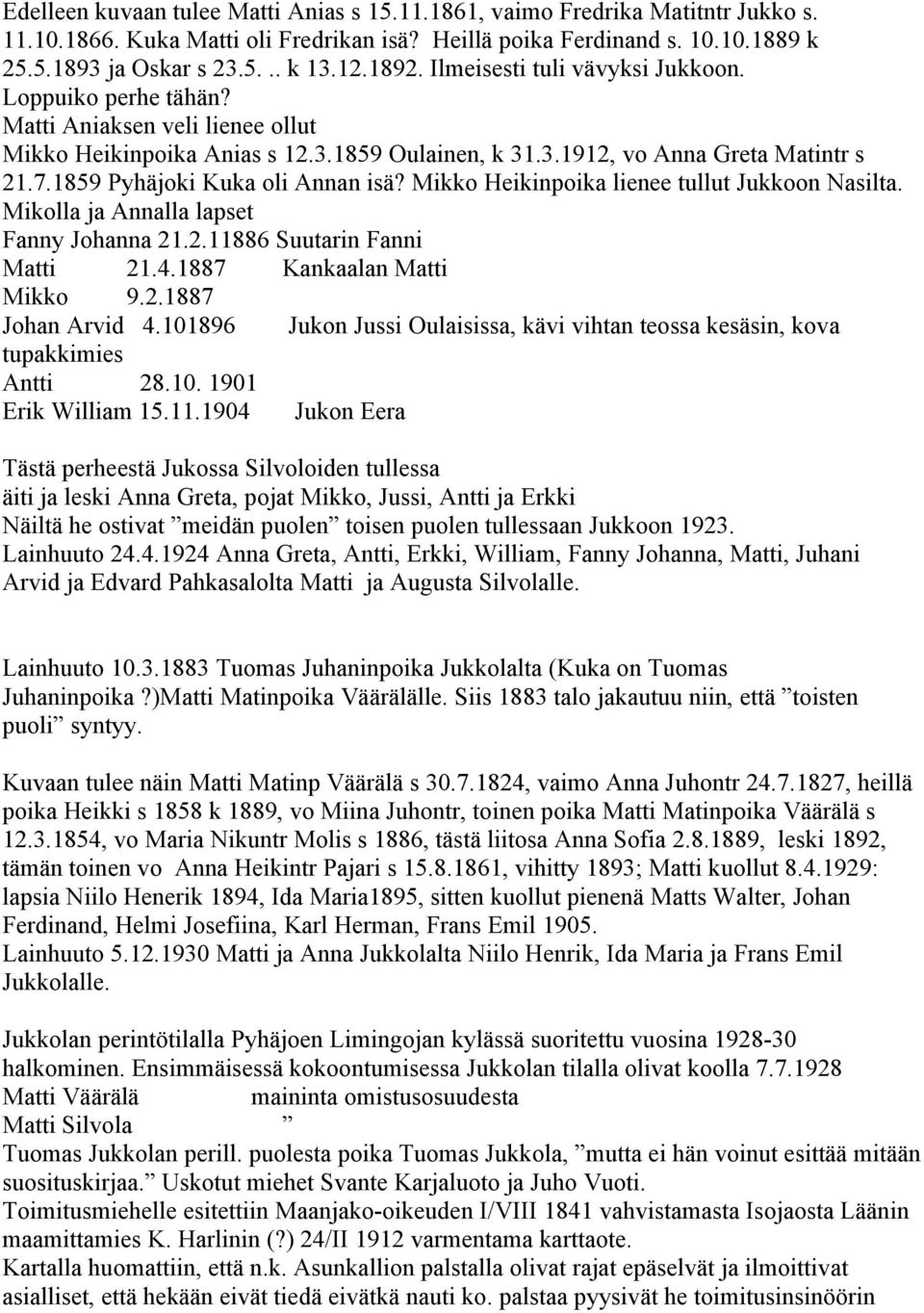 1859 Pyhäjoki Kuka oli Annan isä? Mikko Heikinpoika lienee tullut Jukkoon Nasilta. Mikolla ja Annalla lapset Fanny Johanna 21.2.11886 Suutarin Fanni Matti 21.4.1887 Kankaalan Matti Mikko 9.2.1887 Johan Arvid 4.